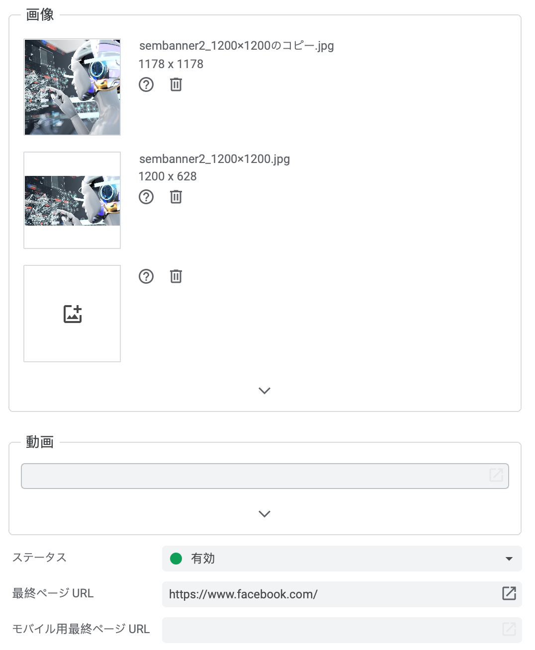 エディタの編集パネル(画像・動画アセット)