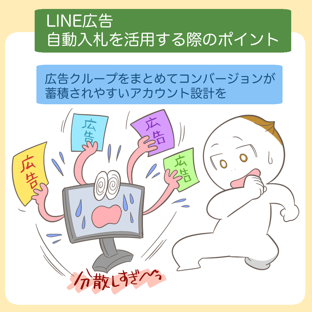 LINE広告の自動入札を活用する際のポイントをアイコンで示すイラスト