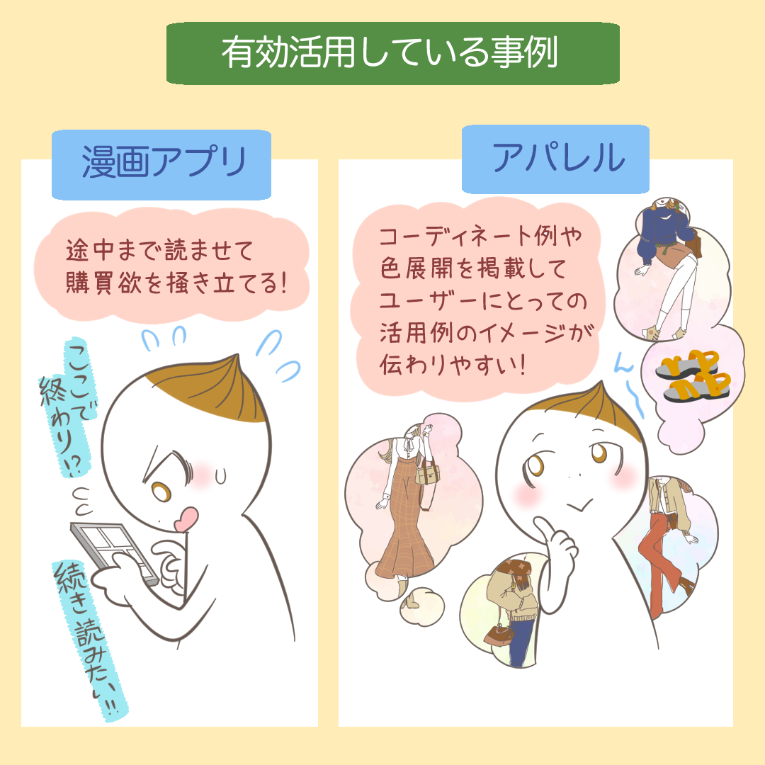 LINEカルーセル広告の活用事例を解説するイラスト