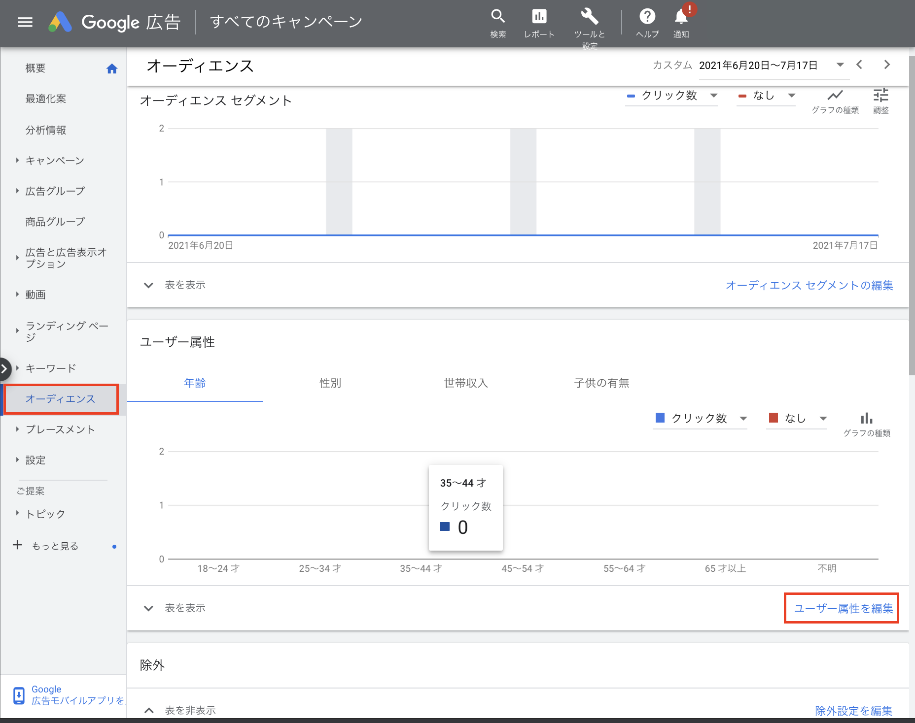 Google広告の左側メニューからオーディエンスを選択する画面