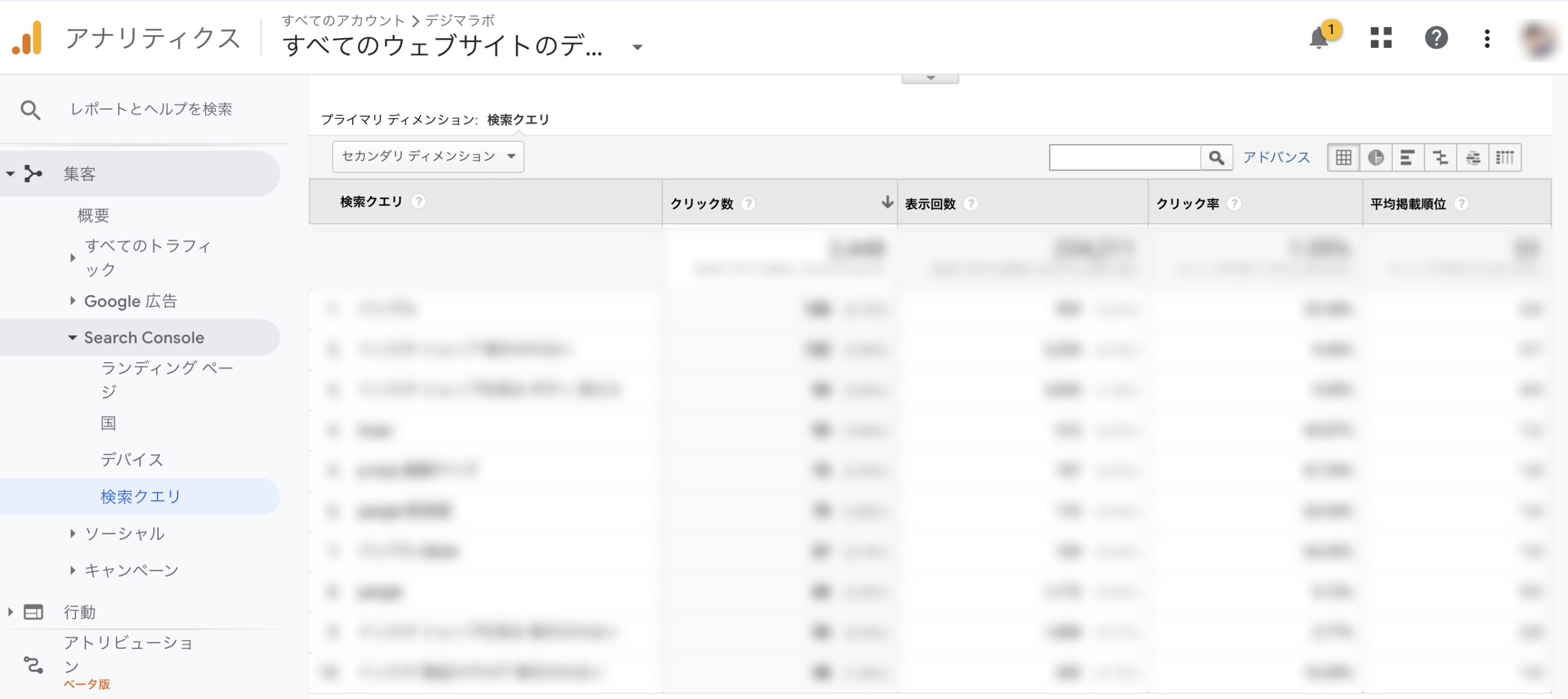Googleアナリティクスの検索クエリ画面