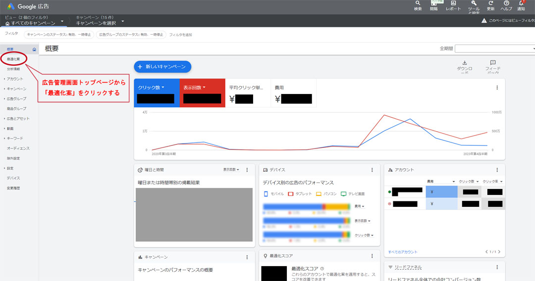 Google広告管理画面の最適化案メニューの場所