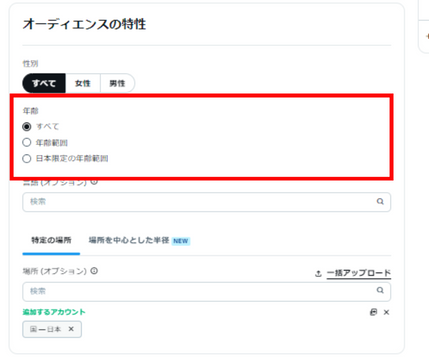 年齢ターゲティングの設定セクション