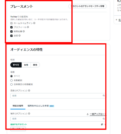 プレースメントとオーディエンスの特性を設定する画面