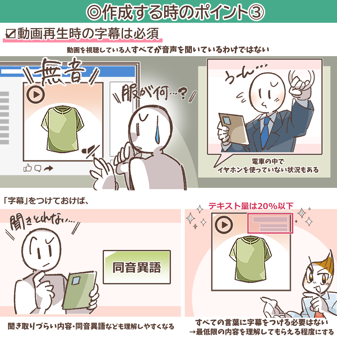 字幕の重要性を示す吹き出しとテキストのイラスト