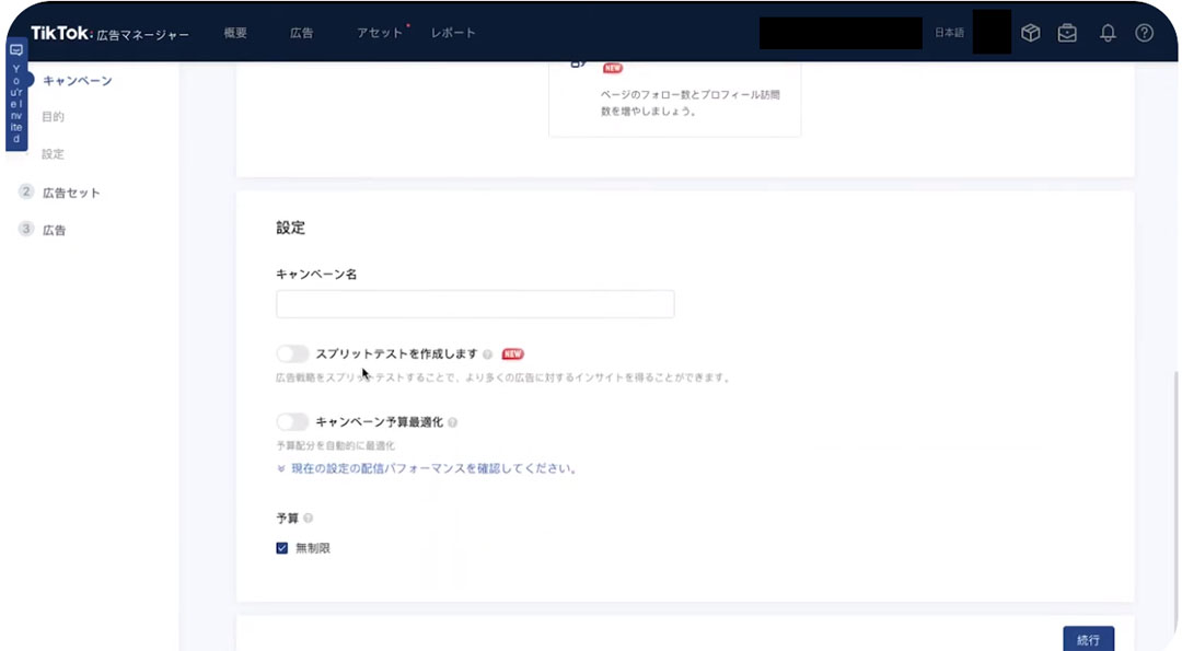 キャンペーン名と予算の設定画面