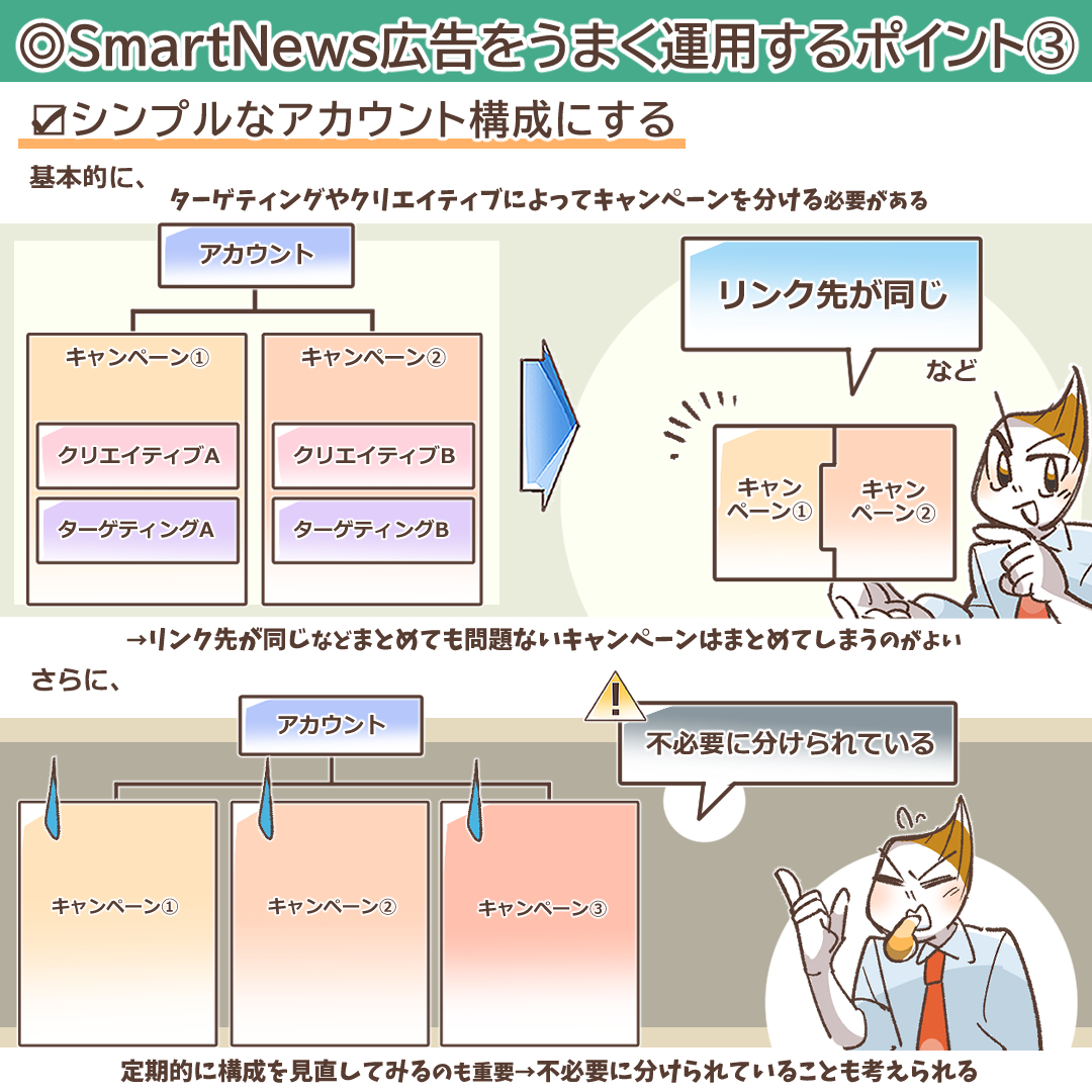 シンプルなアカウント構成のメリットを解説するイラスト