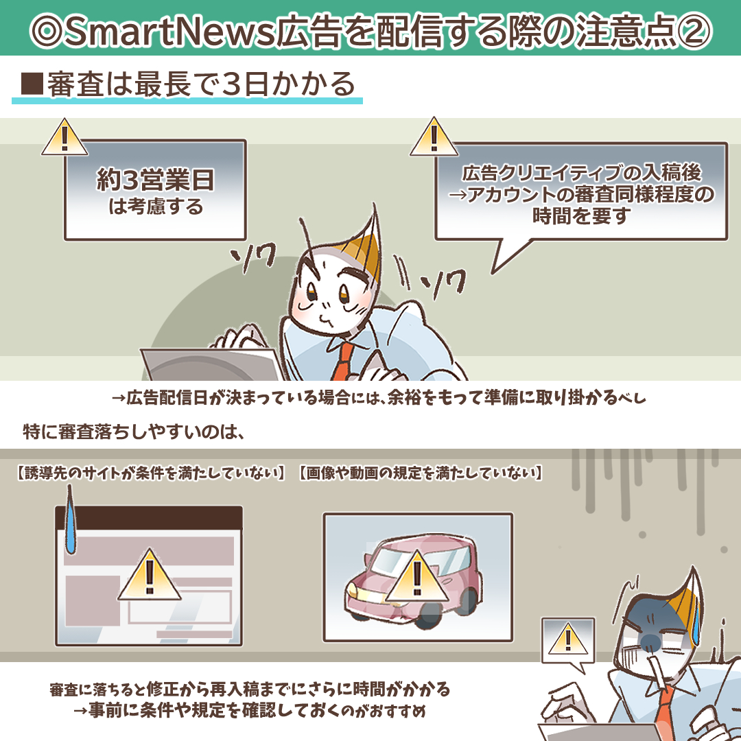 広告審査にかかる期間と注意点を解説するイラスト