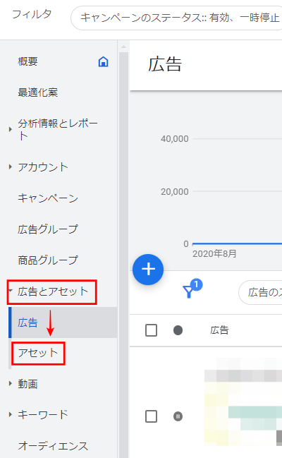 Google広告管理画面のメニュー